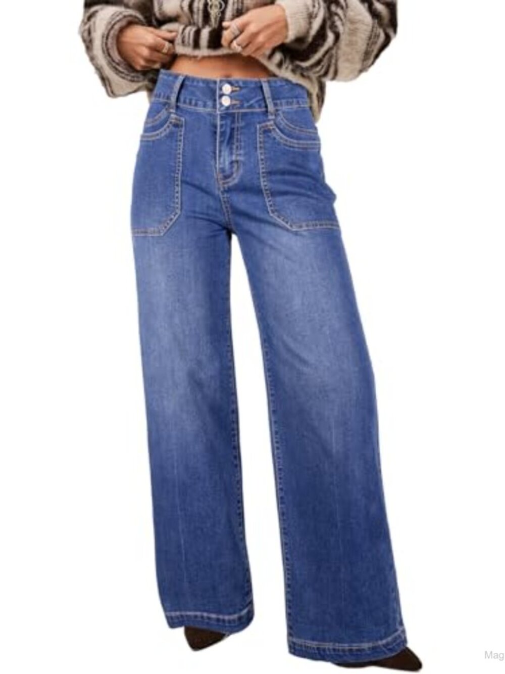 High Waisted Wide Leg Jeans Stretch Denim Trousers Double Button Pants